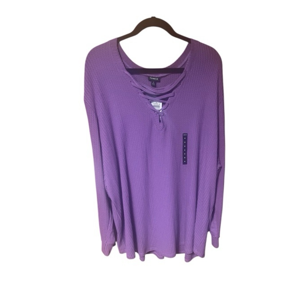 Torrid‎ Waffle Knit Lace Up V Neck Long Sleeve Top In Concord Grape NWT - Picture 3 of 9